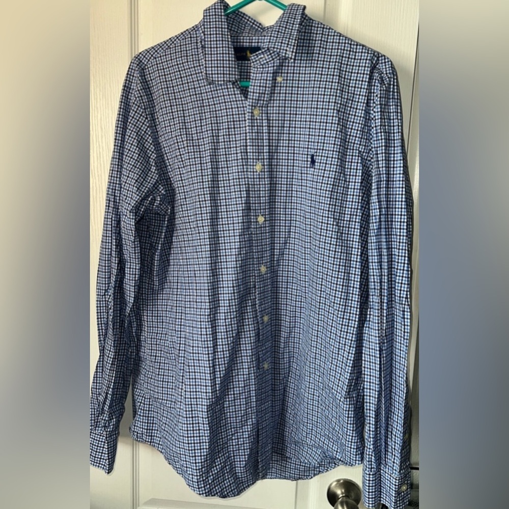 Ralph Lauren Polo BlueSquare Print Collared Dress Shirt Mens Size L